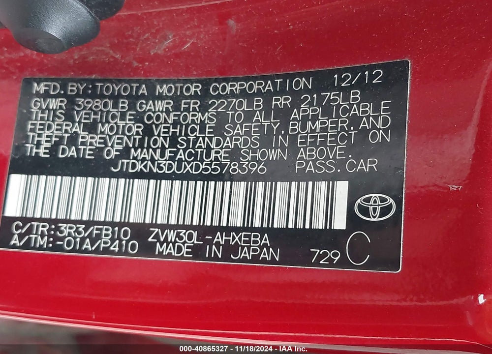 2013 TOYOTA PRIUS TWO VIN: JTDKN3DUXD5578396