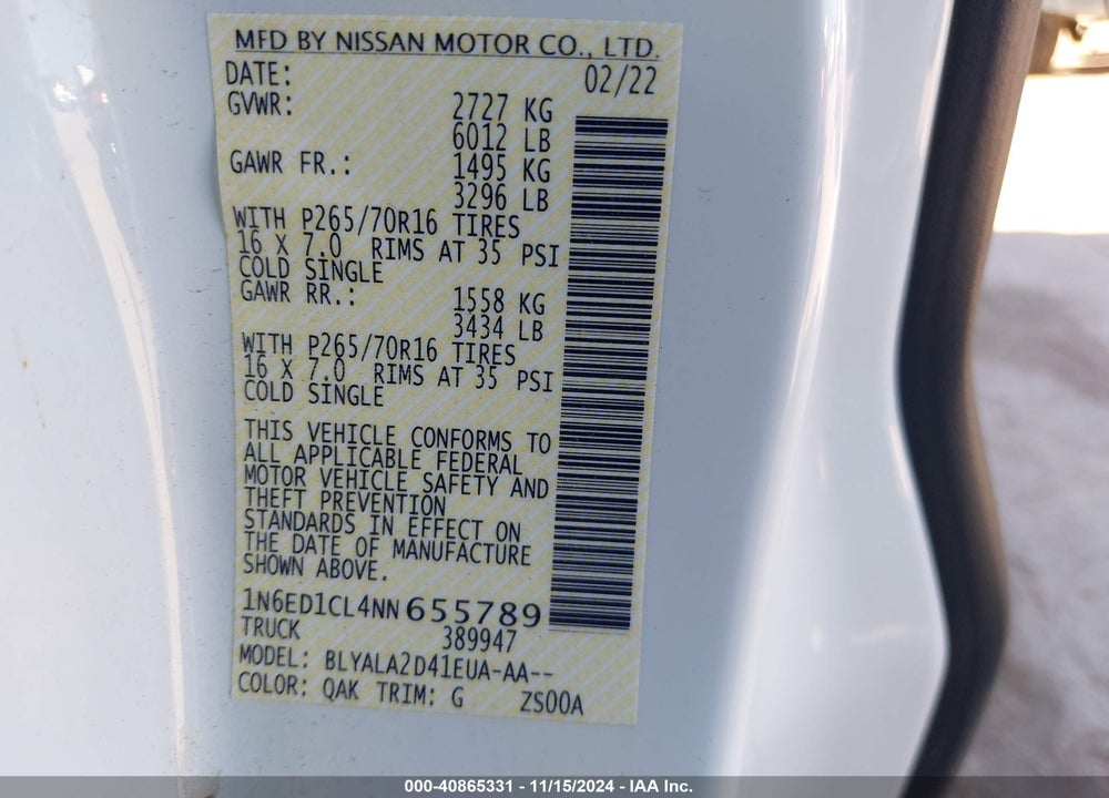 2022 NISSAN FRONTIER S 4X2 VIN: 1N6ED1CL4NN655789