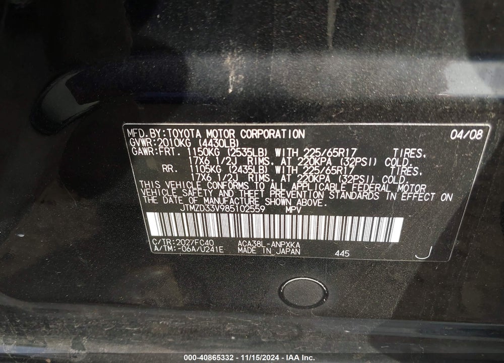 2008 TOYOTA RAV4 VIN: JTMZD33V985102559