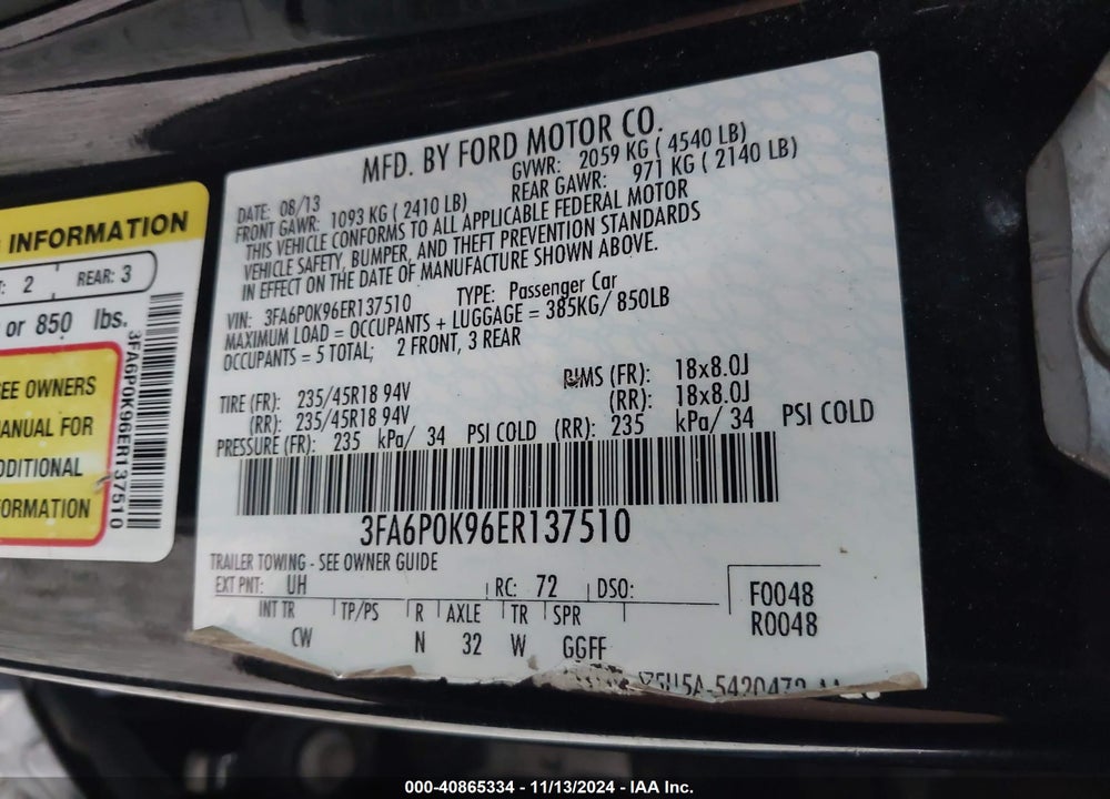 2014 FORD FUSION TITANIUM VIN: 3FA6P0K96ER137510