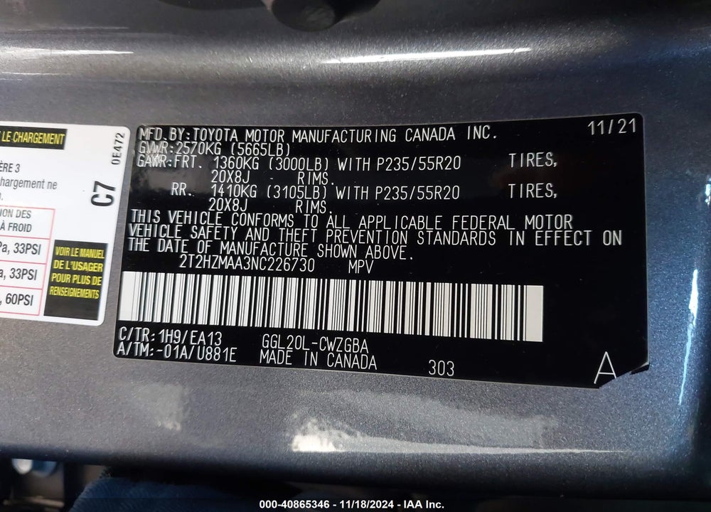 2022 LEXUS RX 350 VIN: 2T2HZMAA3NC226730