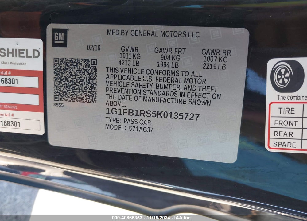 2019 CHEVROLET CAMARO 1LT VIN: 1G1FB1RS5K0135727