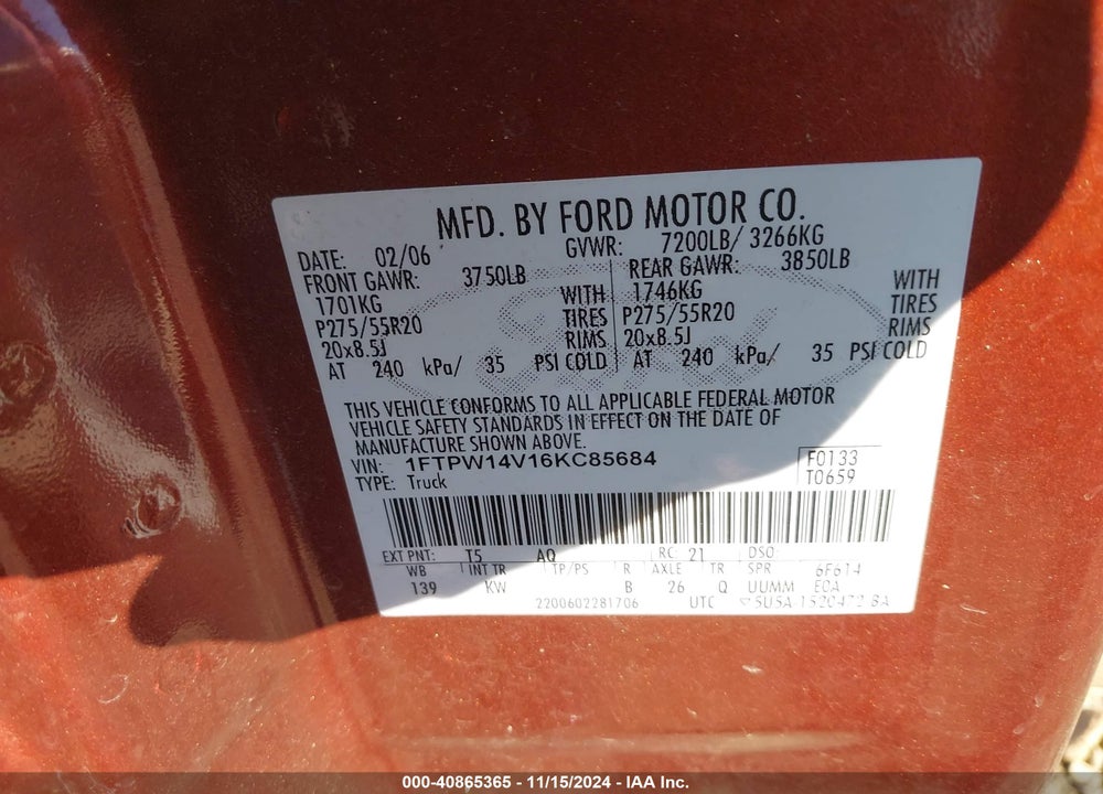 2006 FORD F-150 FX4/LARIAT/XLT VIN: 1FTPW14V16KC85684