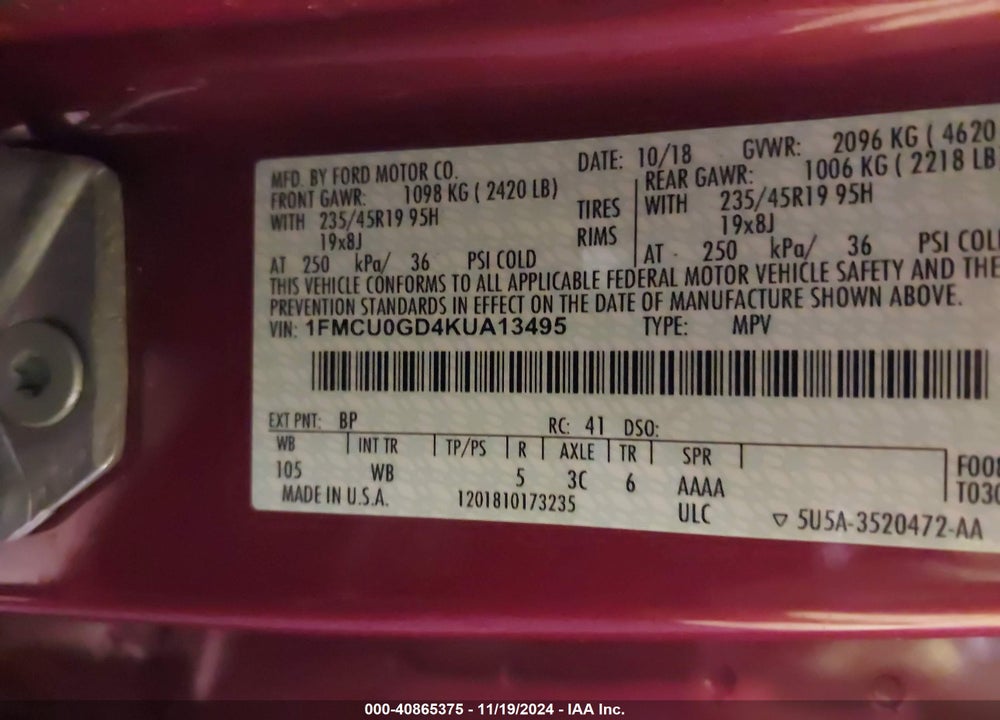 2019 FORD ESCAPE SE VIN: 1FMCU0GD4KUA13495