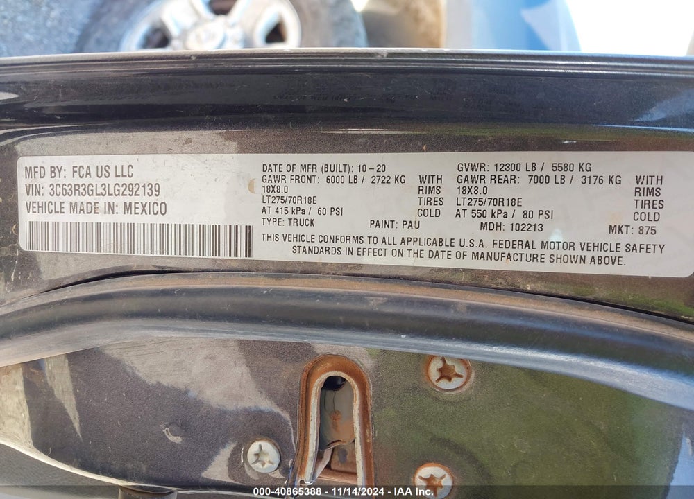 2020 RAM 3500 TRADESMAN  4X4 8' BOX VIN: 3C63R3GL3LG292139
