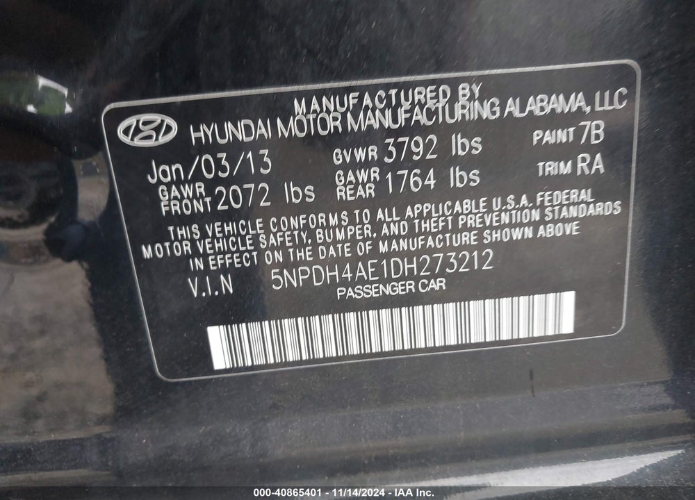 2013 HYUNDAI ELANTRA GLS VIN: 5NPDH4AE1DH273212