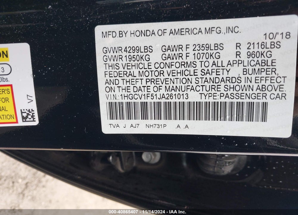 2018 HONDA ACCORD EX-L VIN: 1HGCV1F51JA261013