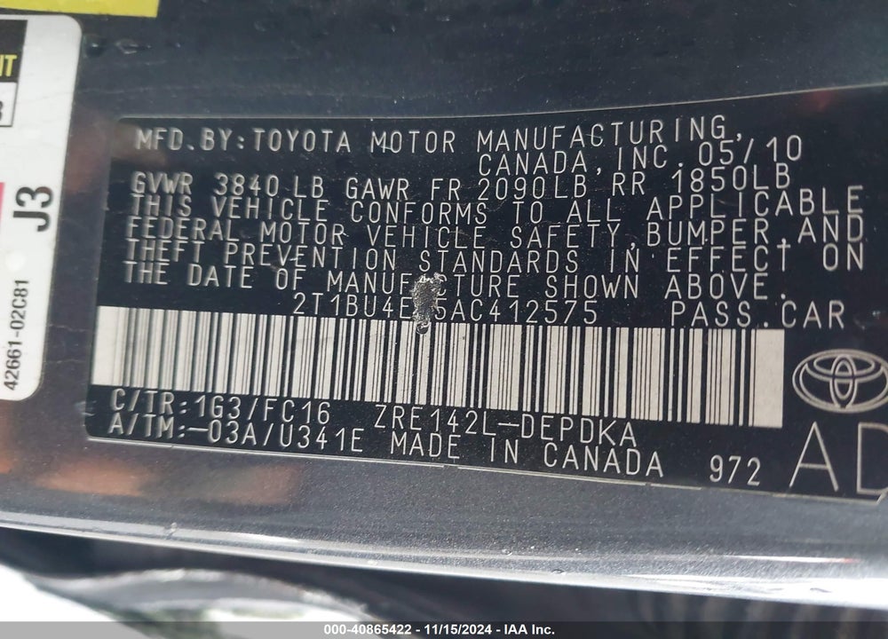 2010 TOYOTA COROLLA LE VIN: 2T1BU4EE5AC412575