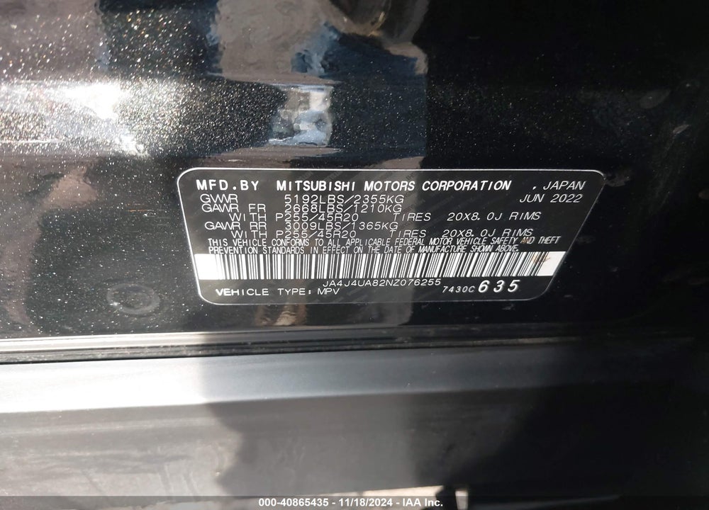 2022 MITSUBISHI OUTLANDER BLACK EDITION S-AWC/SE 2.5 S-AWC/SE LAUNCH EDITION S-AWC VIN: JA4J4UA82NZ076255