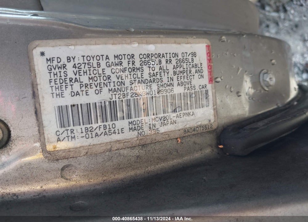 1998 TOYOTA CAMRY LE V6 VIN: JT2BF28K3W0139906