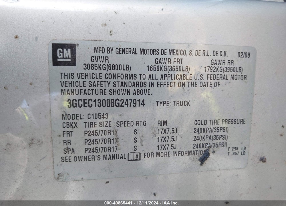 2008 CHEVROLET SILVERADO 1500 VIN: 3GCEC13008G247914