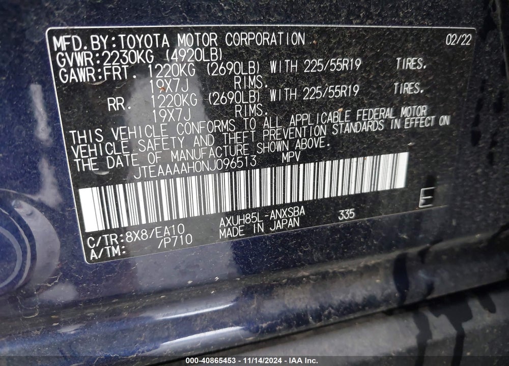 2022 TOYOTA VENZA LIMITED VIN: JTEAAAAH0NJ096513