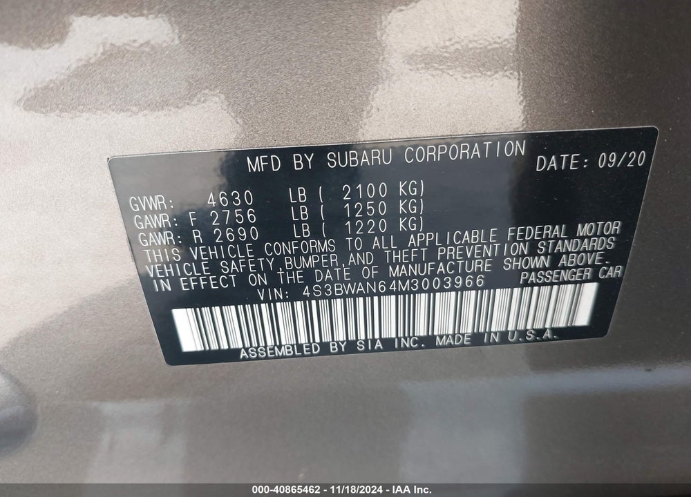 2021 SUBARU LEGACY LIMITED VIN: 4S3BWAN64M3003966