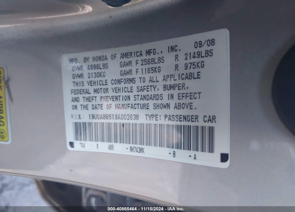2009 ACURA TL 3.5 VIN: 19UUA86519A002638