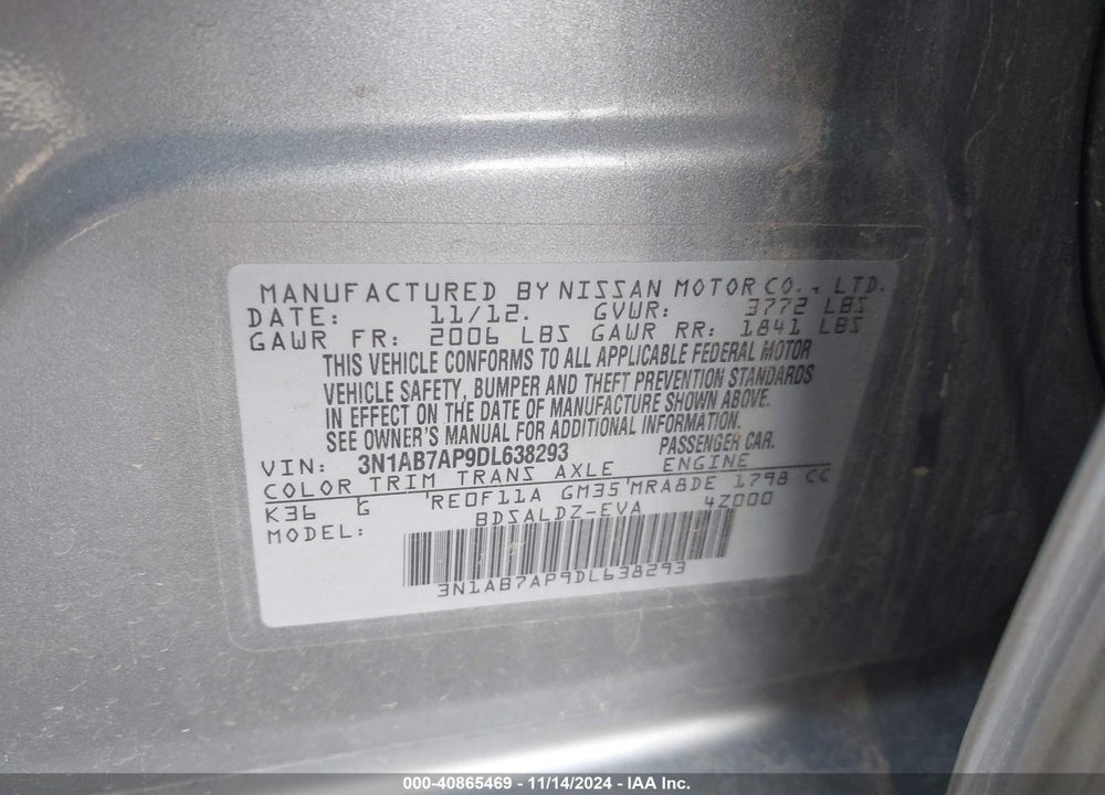 2013 NISSAN SENTRA SV VIN: 3N1AB7AP9DL638293