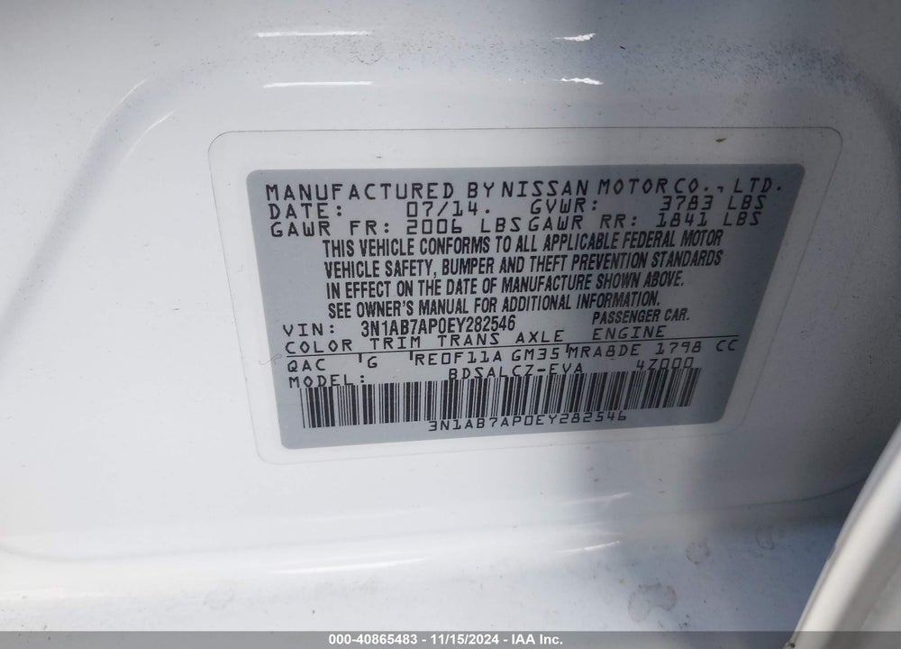 2014 NISSAN SENTRA S VIN: 3N1AB7AP0EY282546