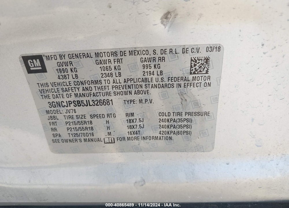 2018 CHEVROLET TRAX LT VIN: 3GNCJPSB5JL326681