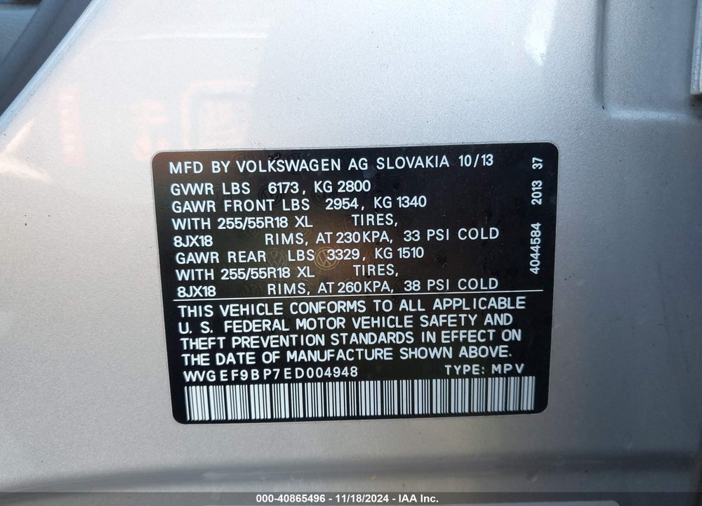 2014 VOLKSWAGEN TOUAREG 3.6L SPORT VIN: WVGEF9BP7ED004948