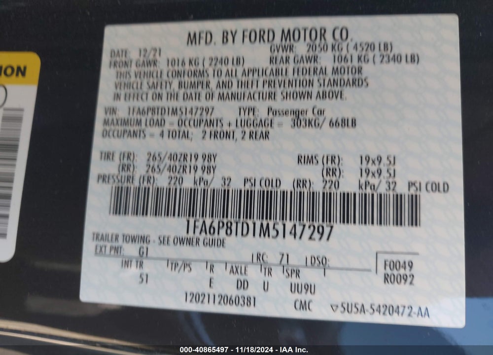 2021 FORD MUSTANG ECOBOOST PREMIUM VIN: 1FA6P8TD1M5147297