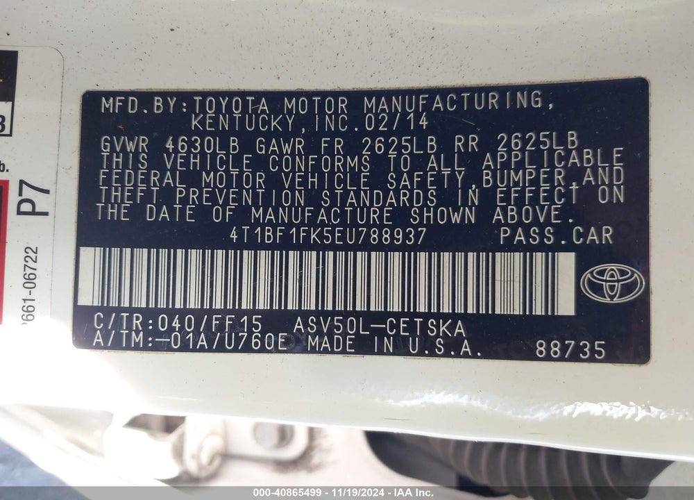 2014 TOYOTA CAMRY SE VIN: 4T1BF1FK5EU788937