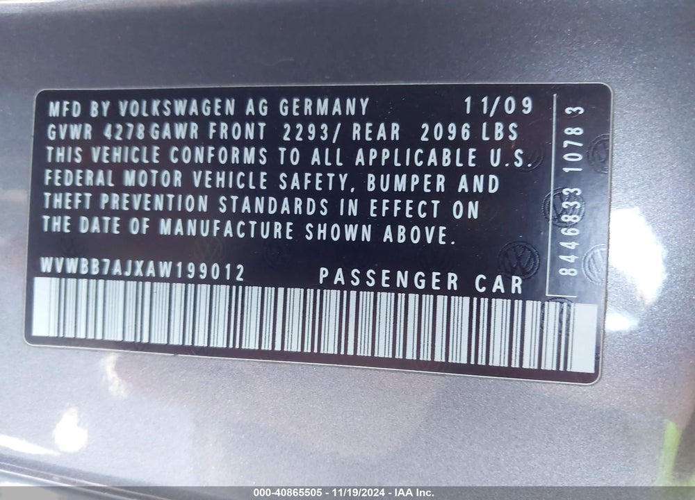 2010 VOLKSWAGEN GOLF 2-DOOR VIN: WVWBB7AJXAW199012