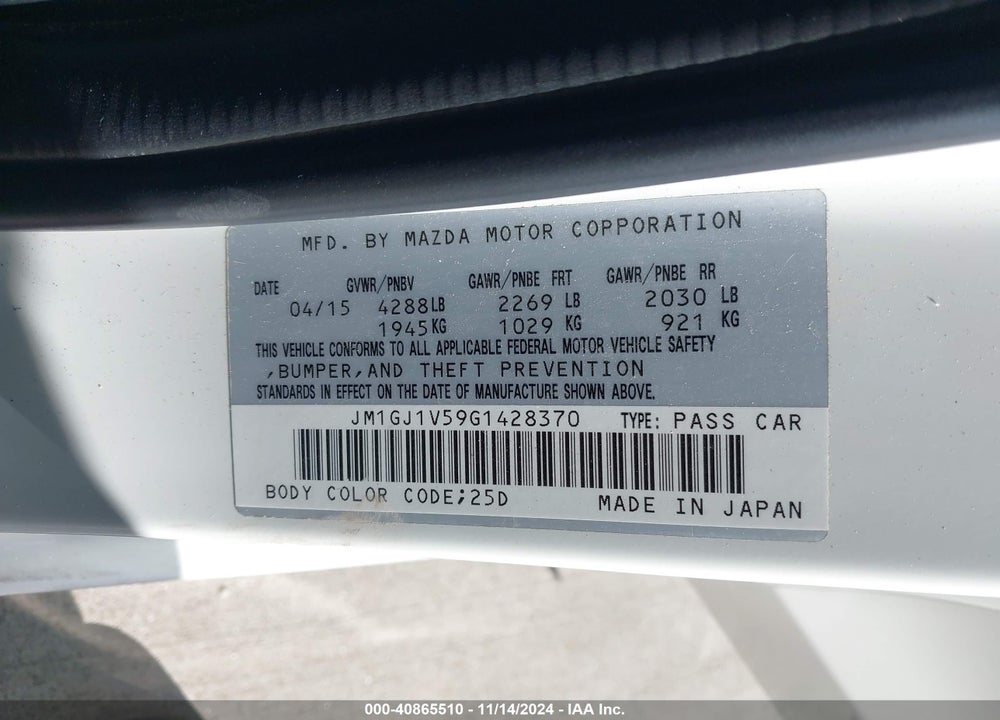2016 MAZDA 6 I TOURING VIN: JM1GJ1V59G1428370