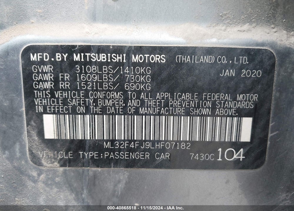 2020 MITSUBISHI MIRAGE G4 LE VIN: ML32F4FJ9LHF07182