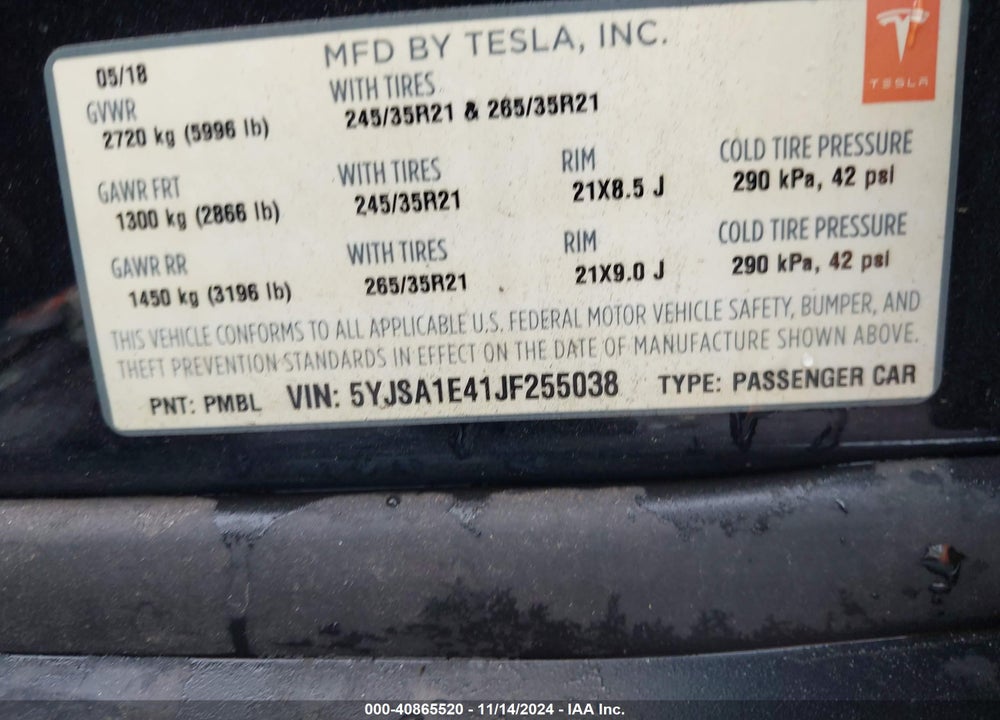 2018 TESLA MODEL S 100D/75D/P100D VIN: 5YJSA1E41JF255038