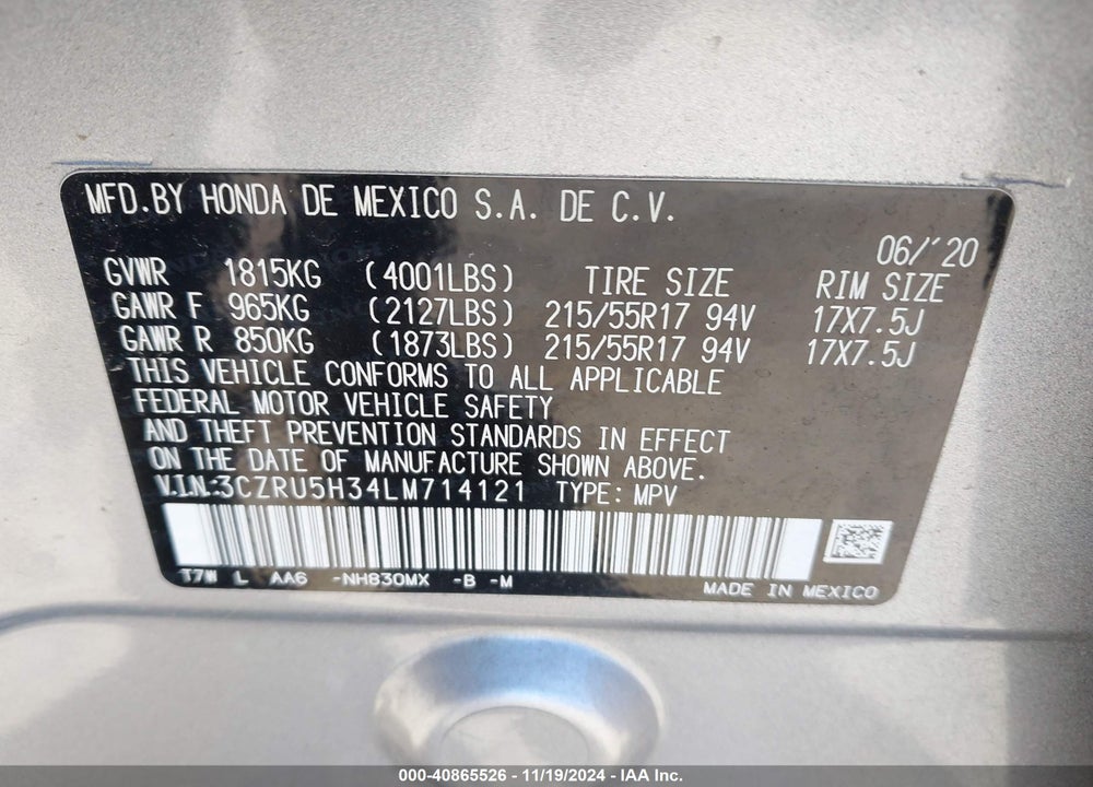 2020 HONDA HR-V 2WD LX VIN: 3CZRU5H34LM714121