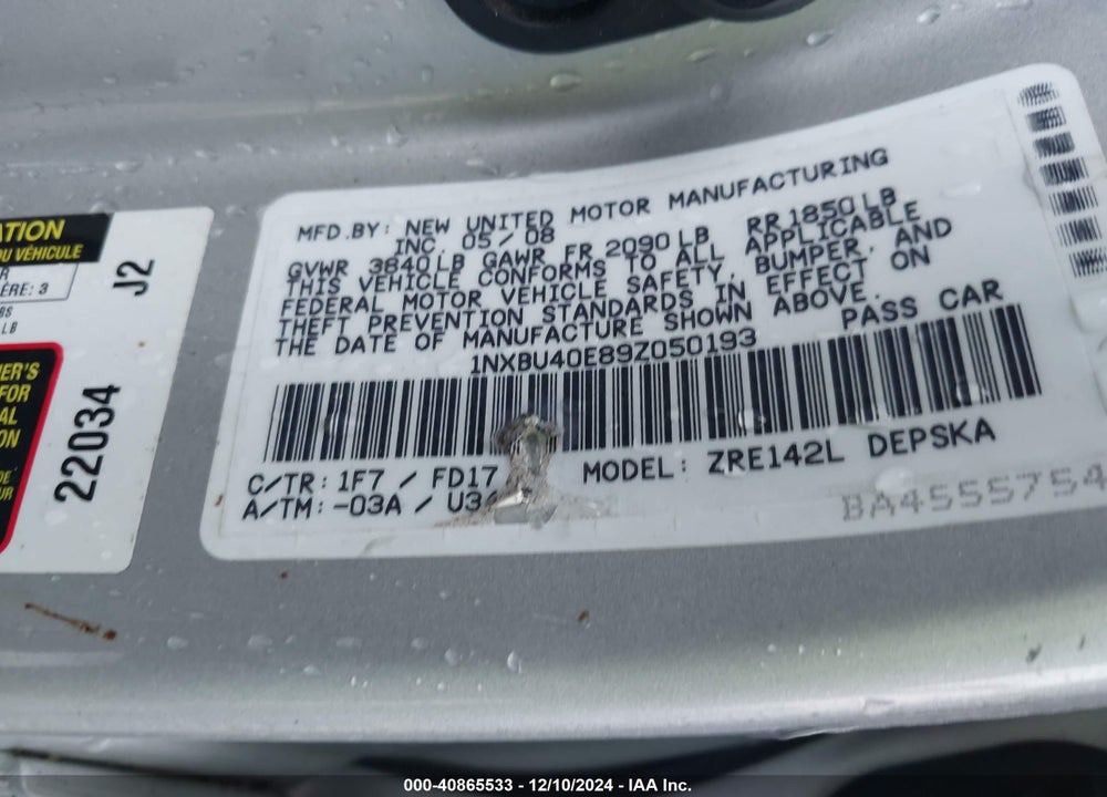 2009 TOYOTA COROLLA S VIN: 1NXBU40E89Z050193