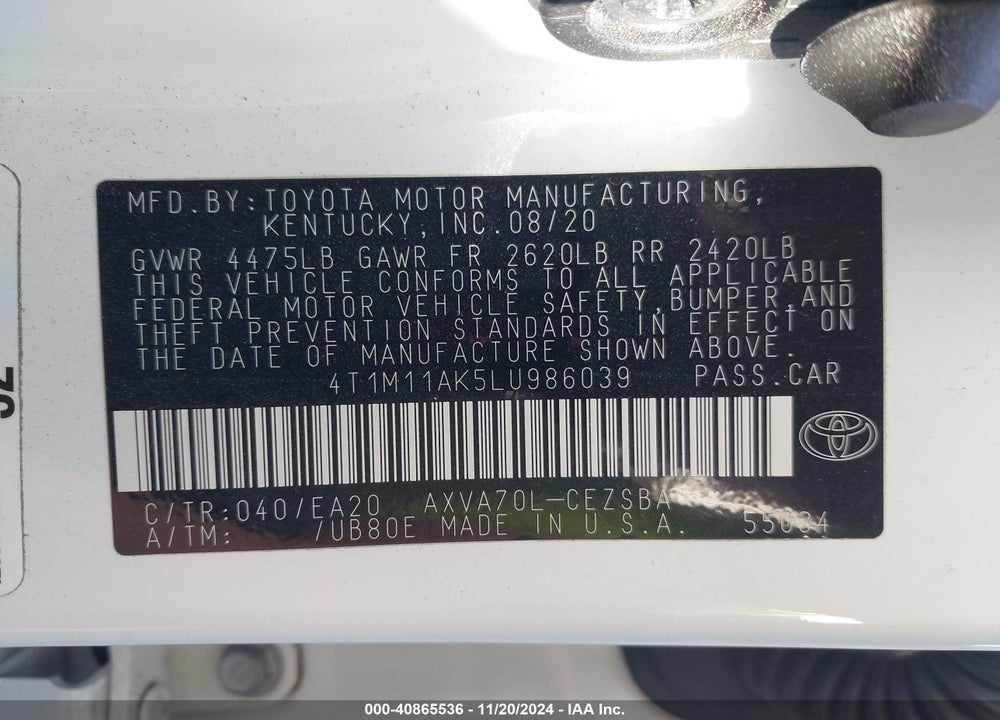 2020 TOYOTA CAMRY SE VIN: 4T1M11AK5LU986039