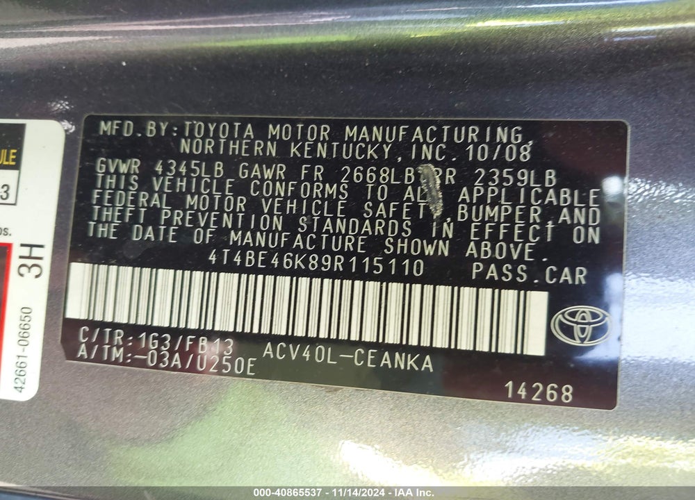 2009 TOYOTA CAMRY LE VIN: 4T4BE46K89R115110