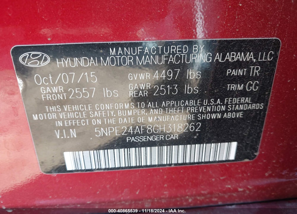 2016 HYUNDAI SONATA SE VIN: 5NPE24AF8GH318262