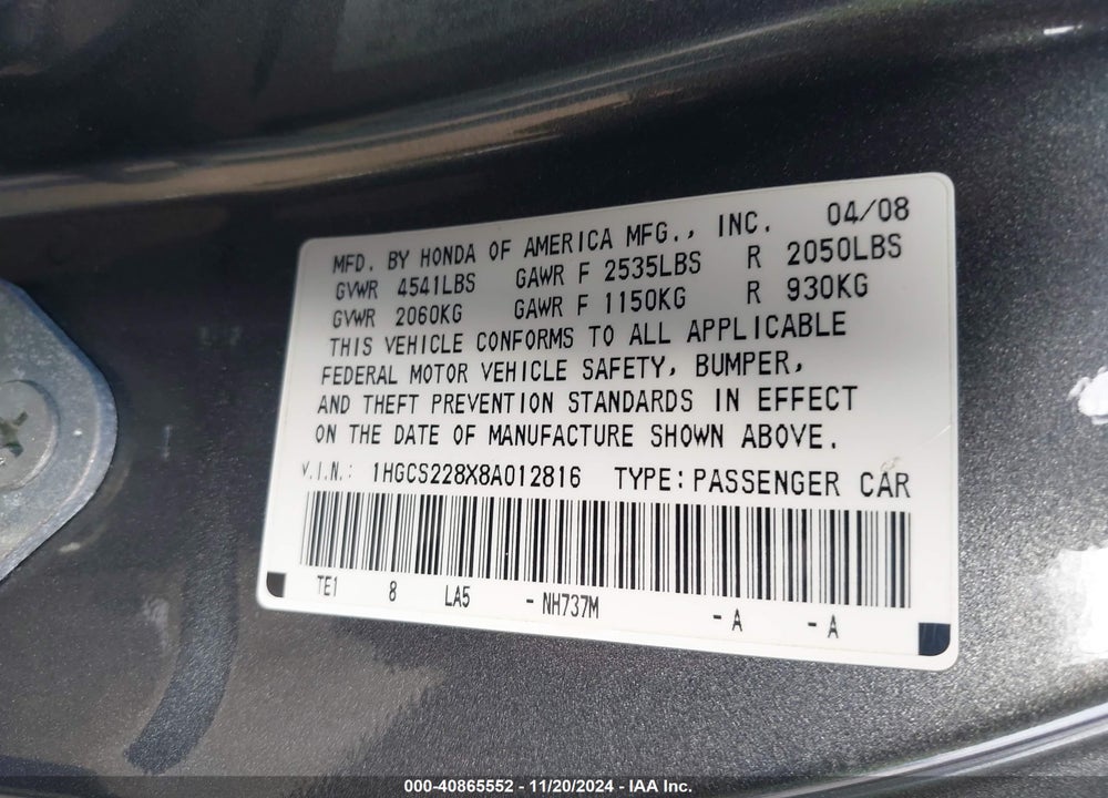 2008 HONDA ACCORD 3.5 EX-L VIN: 1HGCS228X8A012816