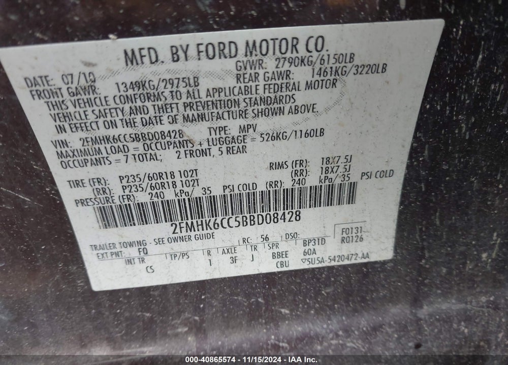 2011 FORD FLEX SEL VIN: 2FMHK6CC5BBD08428