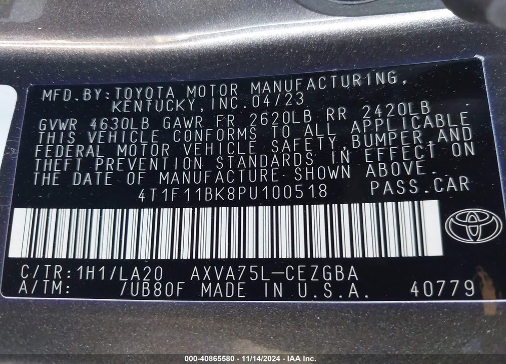 2023 TOYOTA CAMRY XLE AWD VIN: 4T1F11BK8PU100518