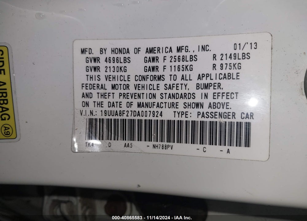 2013 ACURA TL 3.5 VIN: 19UUA8F27DA007924