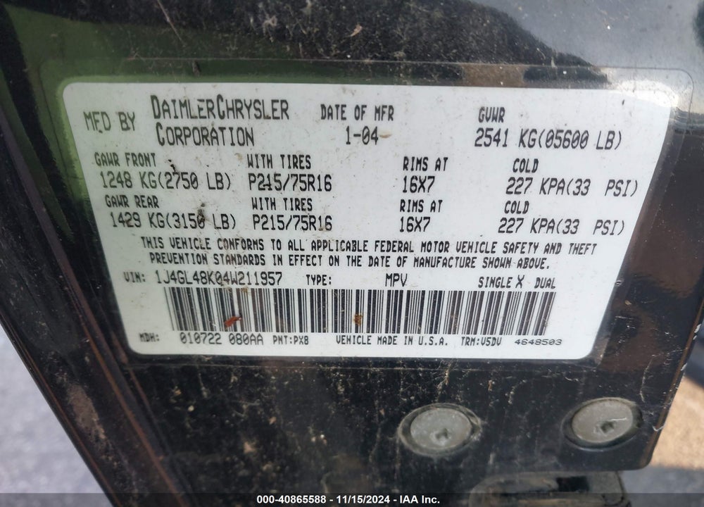 2004 JEEP LIBERTY SPORT VIN: 1J4GL48K04W211957
