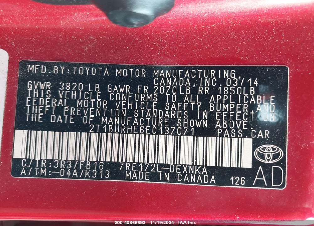 2014 TOYOTA COROLLA LE VIN: 2T1BURHE6EC137071