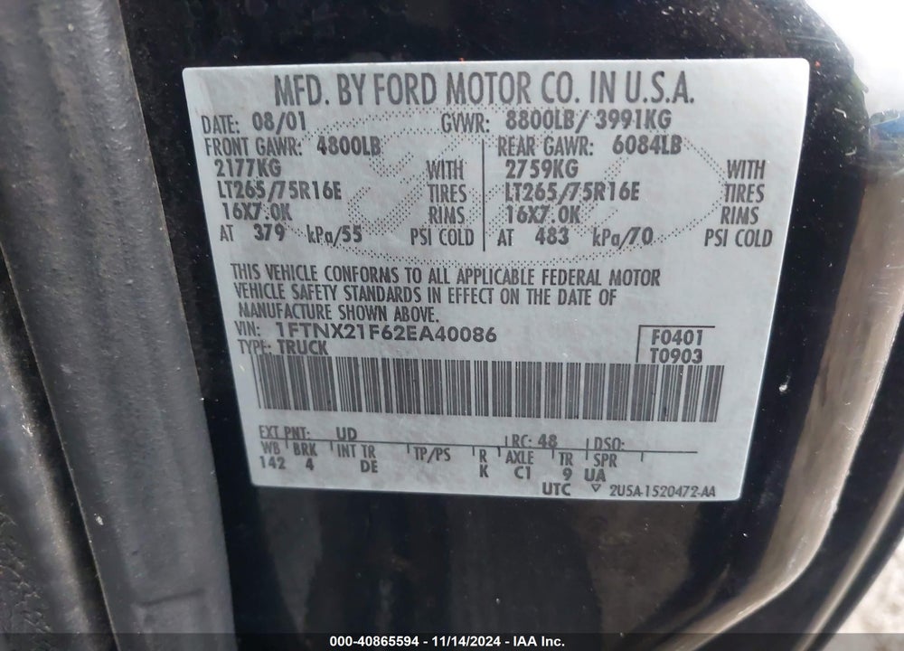 2002 FORD F-250 LARIAT/XL/XLT VIN: 1FTNX21F62EA40086
