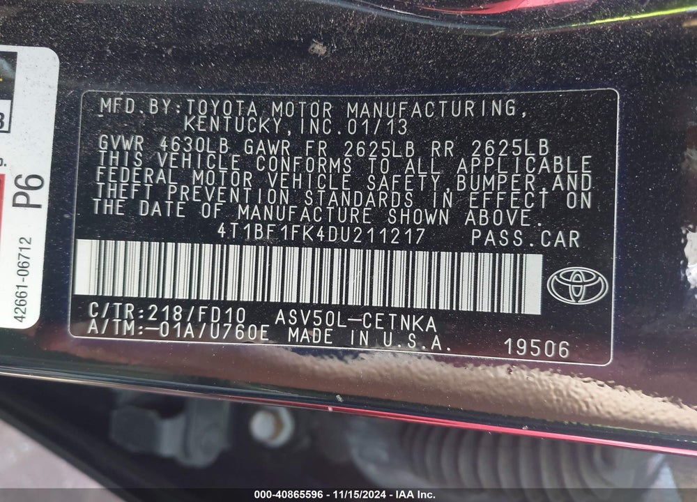 2013 TOYOTA CAMRY LE VIN: 4T1BF1FK4DU211217