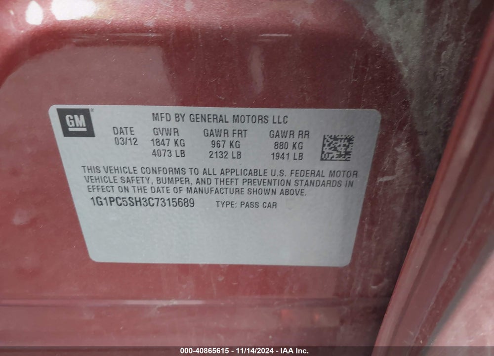 2012 CHEVROLET CRUZE LS VIN: 1G1PC5SH3C7315689