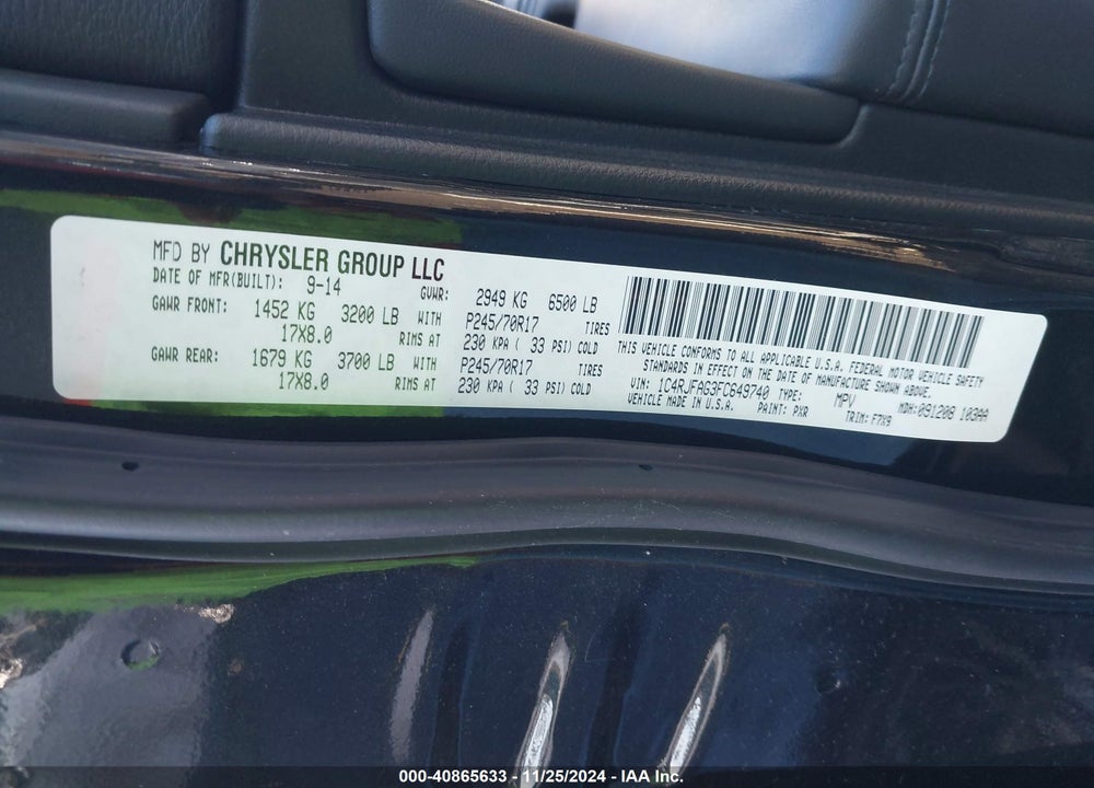 2015 JEEP GRAND CHEROKEE LAREDO VIN: 1C4RJFAG3FC649740