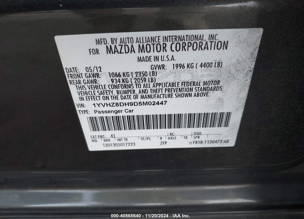 2013 MAZDA 6 I TOURING VIN: 1YVHZ8DH9D5M02447