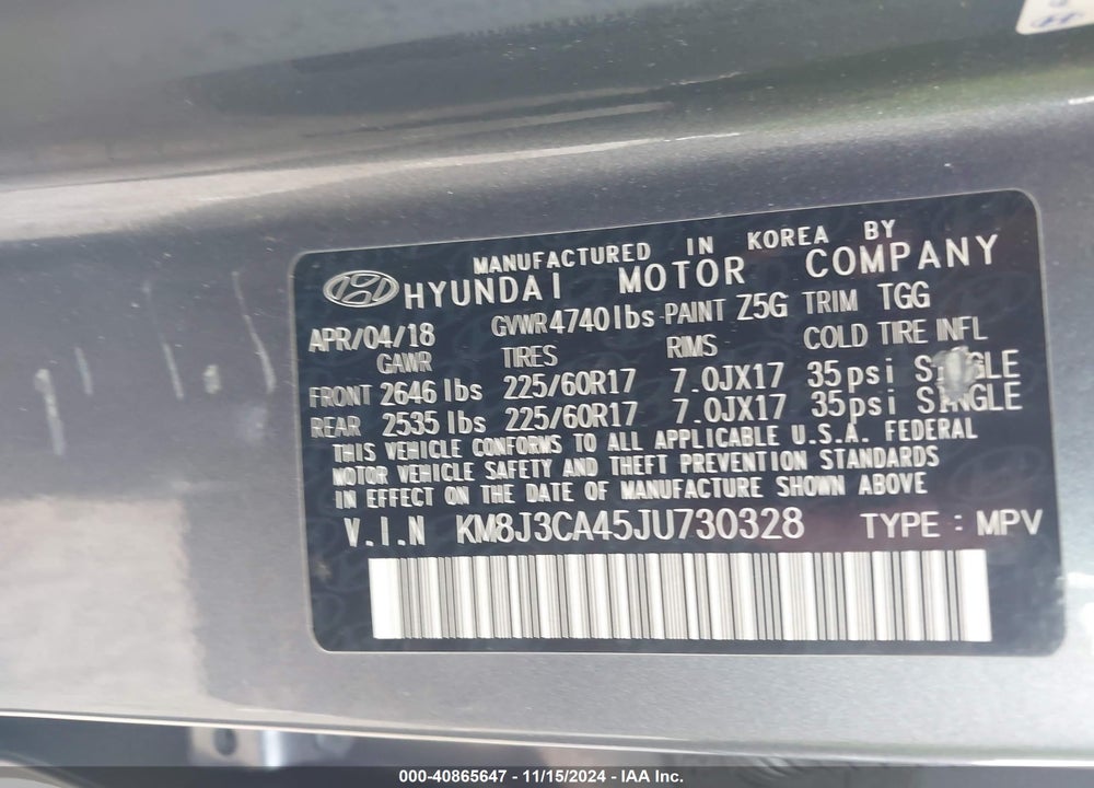 2018 HYUNDAI TUCSON SEL VIN: KM8J3CA45JU730328