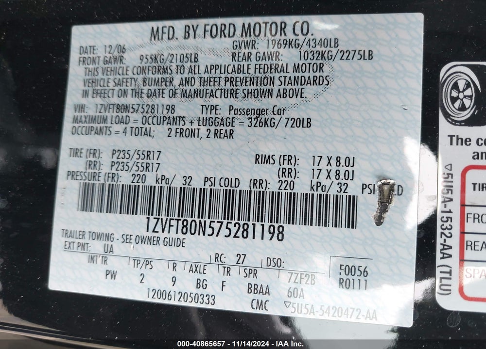 2007 FORD MUSTANG V6 DELUXE/V6 PREMIUM VIN: 1ZVFT80N575281198