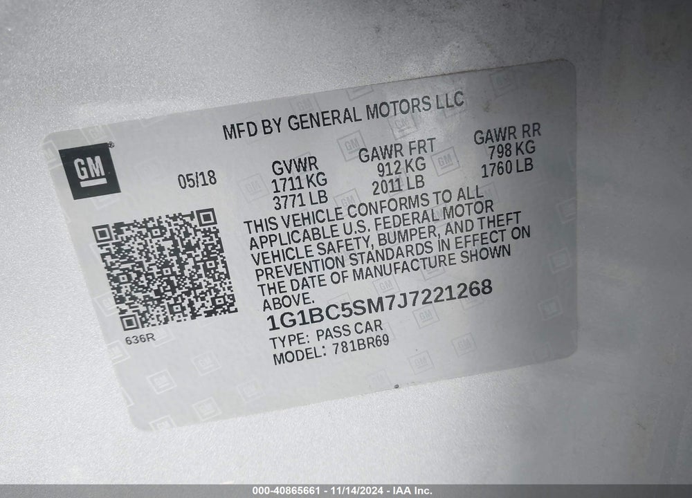 2018 CHEVROLET CRUZE LS AUTO VIN: 1G1BC5SM7J7221268