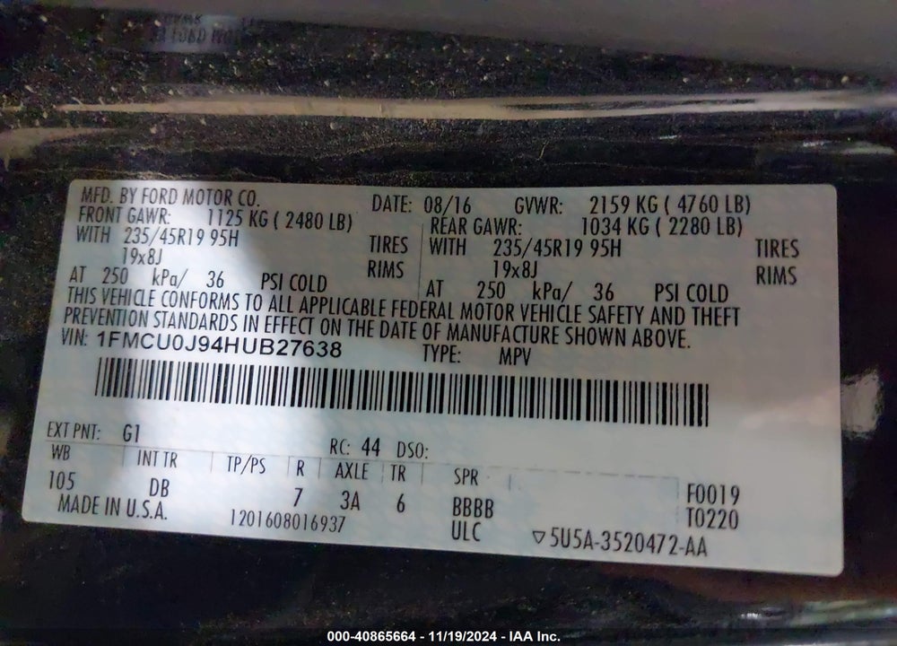 2017 FORD ESCAPE TITANIUM VIN: 1FMCU0J94HUB27638