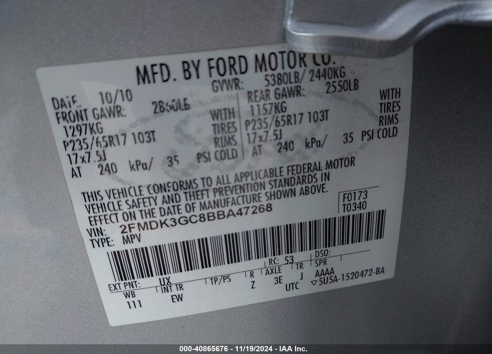 2011 FORD EDGE SE VIN: 2FMDK3GC8BBA47268