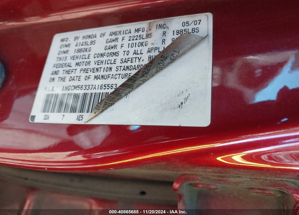 2007 HONDA ACCORD 2.4 SE VIN: 1HGCM56337A165563